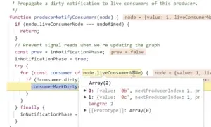 debugger showing producerNotifyConsumers traversal through live consumer nodes