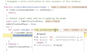 debugger showing producerNotifyConsumers traversal through live consumer nodes